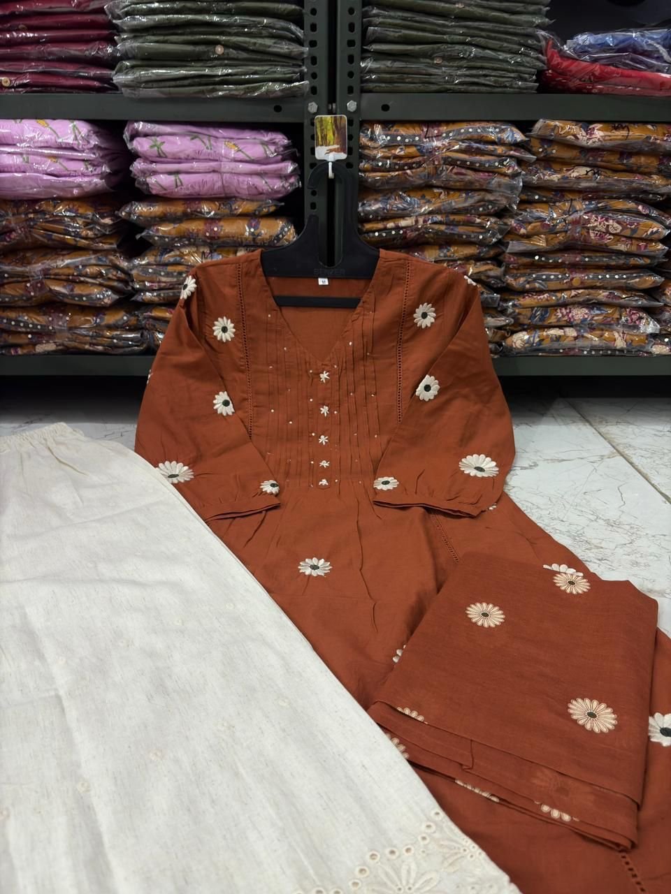 Brown Cotton Embroidered Kurti Set with Dupatta